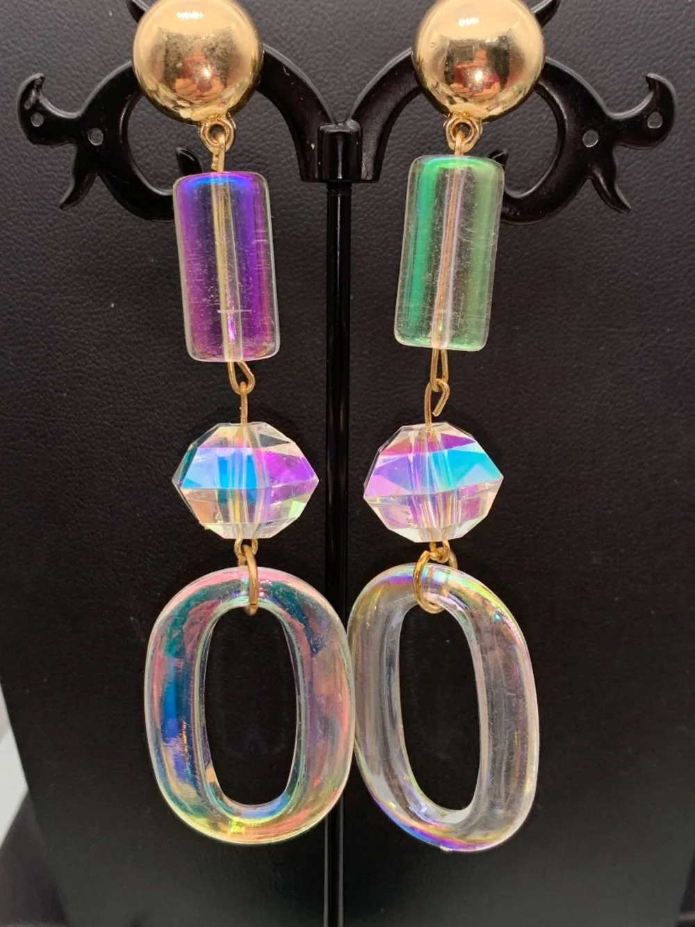 Gold tone and AB coated Iridescent Dangle Hoop Earrings - Women Jewelry